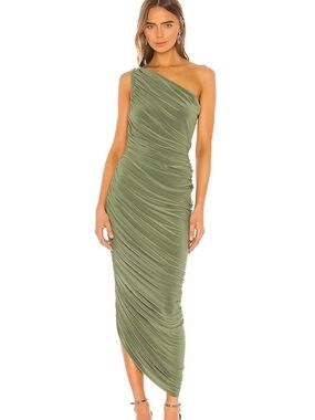 Norma Kamali One-Shoulder Olive Midi Dress